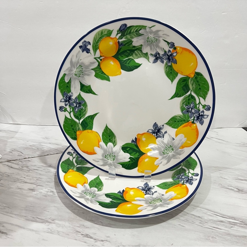 Royal Norfolk Large Dinner Plates 10.5" (Set of 2) Lemon & Floral Blue Rim